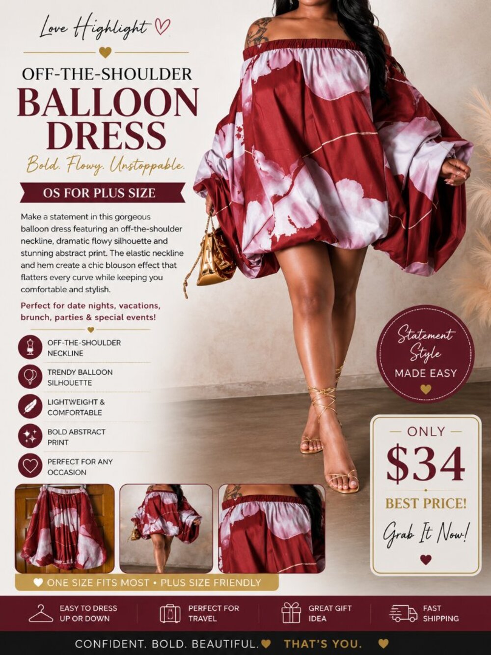Love Highlight OS Plus Off Shoulder Balloon Dress Pink Burgundy Oversized